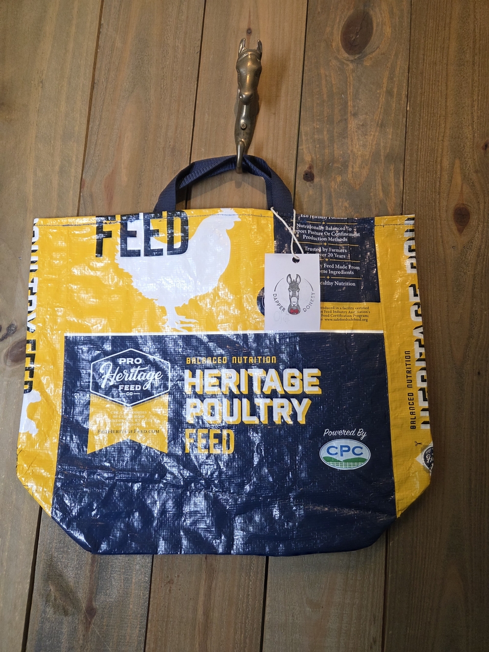 Handmade Upcycled Poultry FeedTote — Yellow & Navy